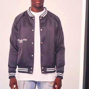 Signature embroidered Satin Bomber Jacket in Black